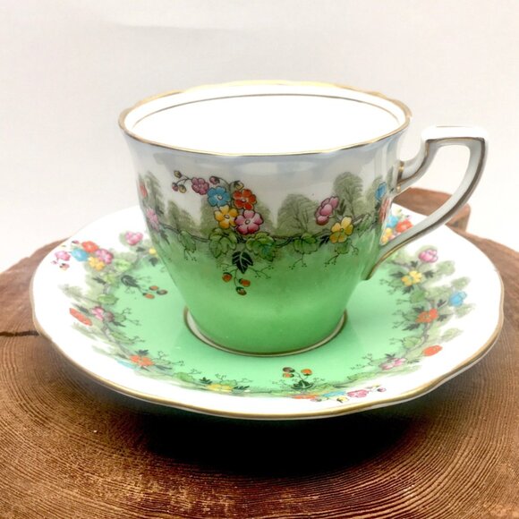 Ansley cup and saucer green bone of china made in England vintage from the 50's - Picture 2 of 6